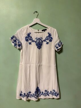 Lulu's White Dress with Royal Blue Embroidery